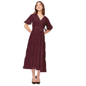 Moomaya Rayon Solid V Yaka Katmanlı Bordo Kadın Elbise