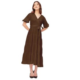 Moomaya Rayon Solid V Yaka Katmanlı Kahverengi Kadın Elbise