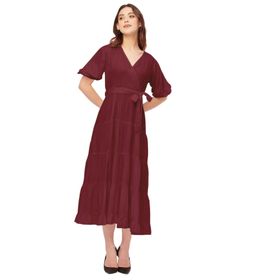 Moomaya Rayon Solid V Yaka Katmanlı Kestane Kadın Elbise