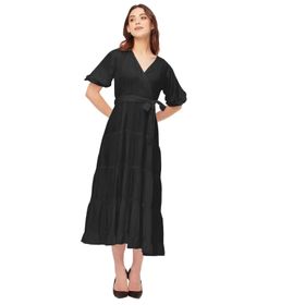 Moomaya Rayon Solid V Yaka Katmanlı Siyah Kadın Elbise