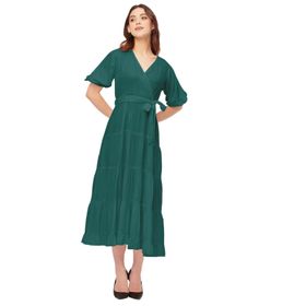 Moomaya Rayon Solid V Yaka Katmanlı Sümüklü Yeşil Kadın Elbise