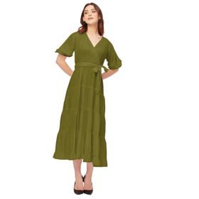 Moomaya Rayon Solid V Yaka Katmanlı Yeşil Olive Green Kadın Elbise