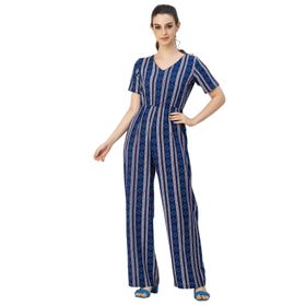 Moomaya Rayon Tam Bacak Baskılı Şık Trendy Lacivert Mavi Kadın Tulum