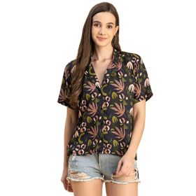 Moomaya Rayon Trendy Çentik Yaka Baskılı Lacivert Mavi Kadın Gömlek