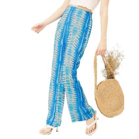 Moomaya Rayon Trendy Düz Bol Kesim Baskılı Mavi Kadın Pantolon
