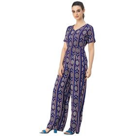 Moomaya Rayon Trendy Tam Bacak Baskılı Mor Mavi Kadın Tulum