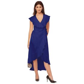Moomaya Rayon V Yaka Sarma Solid Şık Mavi Kadın Elbise