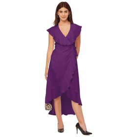 Moomaya Rayon V Yaka Sarma Solid Şık Mor Kadın Elbise