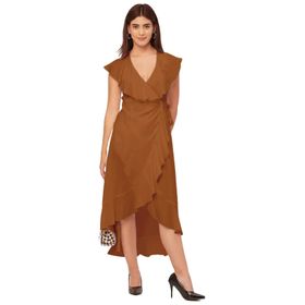 Moomaya Rayon V Yaka Sarma Solid Şık Sarı Mustard Kadın Elbise