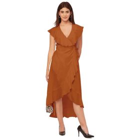 Moomaya Rayon V Yaka Sarma Solid Şık Turuncu Kadın Elbise