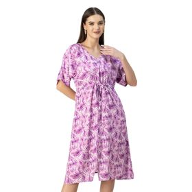 Moomaya Rayon V Yaka Trendy Baskılı Lavanta Kadın Elbise