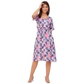 Moomaya Rayon V Yaka Trendy Baskılı Pembe Kadın Elbise