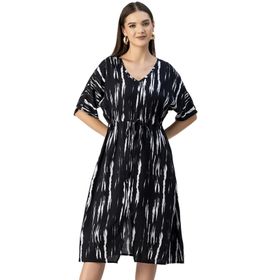 Moomaya Rayon V Yaka Trendy Baskılı Siyah Kadın Elbise