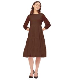 Moomaya Solid Georgette Boho Katmanlı Yuvarlak Yaka Kahverengi Kadın Elbise