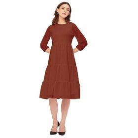 Moomaya Solid Georgette Boho Katmanlı Yuvarlak Yaka Kestane Kadın Elbise