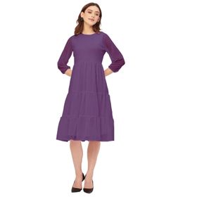 Moomaya Solid Georgette Boho Katmanlı Yuvarlak Yaka Mor Kadın Elbise