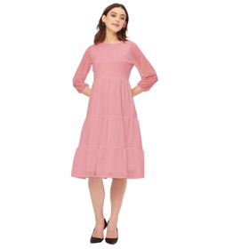 Moomaya Solid Georgette Boho Katmanlı Yuvarlak Yaka Pinguin Gri Kadın Elbise