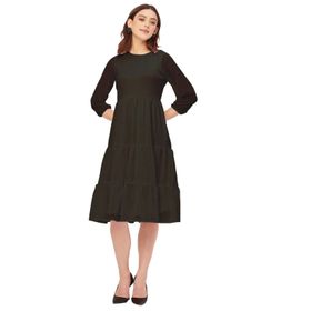 Moomaya Solid Georgette Boho Katmanlı Yuvarlak Yaka Siyah Kadın Elbise