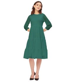 Moomaya Solid Georgette Boho Katmanlı Yuvarlak Yaka Sümüklü Yeşil Kadın Elbise