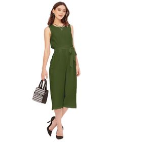 Moomaya Solid Georgette Normal Kesim Yeşil Olive Green Kadın Tulum