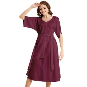 Moomaya Solid Rayon Boho Maksi V Yaka Bordo Kadın Elbise