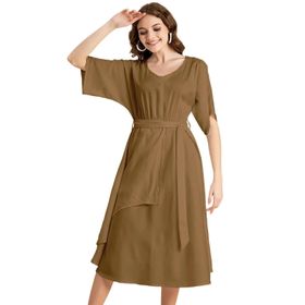 Moomaya Solid Rayon Boho Maksi V Yaka Kahverengi Kadın Elbise