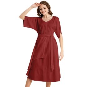 Moomaya Solid Rayon Boho Maksi V Yaka Kırmızı Kadın Elbise