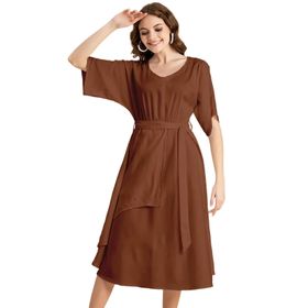 Moomaya Solid Rayon Boho Maksi V Yaka Rust Kadın Elbise