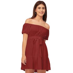 Moomaya Solid Trendy Düşük Omuzlu Suni İpek Büzgülü Kestane Günlük Kadın Elbise