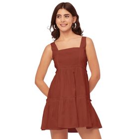 Moomaya Solid Trendy Omuz Askılı Kare Yaka Pamuk Kırmızı Kadın Elbise