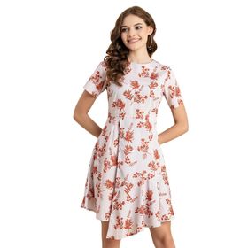 Moomaya Trendy Asimetrik Baskılı Beyaz Turuncu Günlük Kadın Elbise