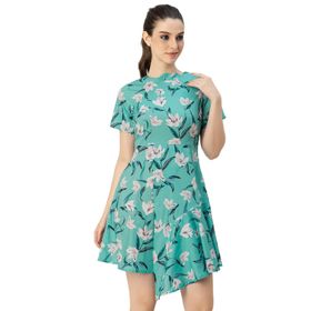 Moomaya Trendy Asimetrik Baskılı Yeşil Sea Green Günlük Kadın Elbise