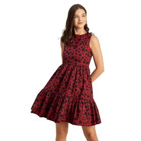 Moomaya Trendy Baskılı Pamuk Kolsuz Katmanlı Sundress Kestane Kadın Elbise