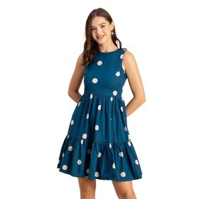 Moomaya Trendy Baskılı Pamuk Kolsuz Katmanlı Sundress Mavi Teal Blue Kadın Elbise