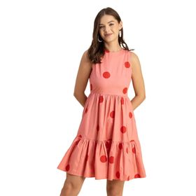 Moomaya Trendy Baskılı Pamuk Kolsuz Katmanlı Sundress Mercan Kadın Elbise