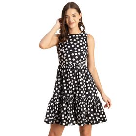 Moomaya Trendy Baskılı Pamuk Kolsuz Katmanlı Sundress Siyah Kadın Elbise