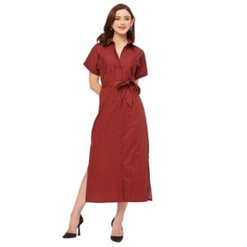 Moomaya Trendy Pamuk Baskılı Kestane Kadın Elbise