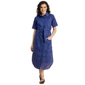 Moomaya Trendy Pamuk Baskılı Mavi Kadın Elbise