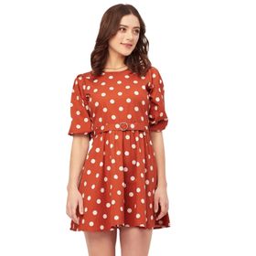 Moomaya Trendy Yuvarlak Yaka Pamuklu Baskılı Patenci Rust Kadın Elbise