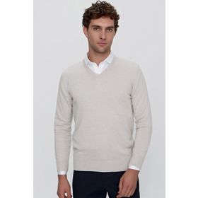 Morven 23KC017004 Bej Basic Dynamic Fit Rahat Kesim V Yaka Triko Erkek Kazak