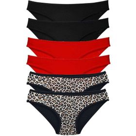 MrtNlu Leopar Siyah Kırmızı M 6 Adet Özel Set Likralı Yumuşak Dokulu Kadın Slip Külot