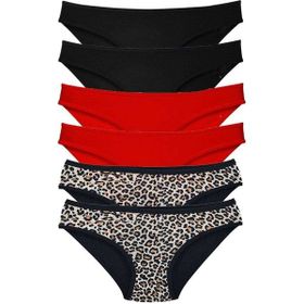 MrtNlu Leopar Siyah Kırmızı M 6 Adet Özel Set Likralı Yumuşak Dokulu Kadın Slip Külot