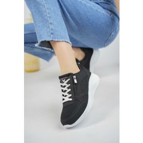 Muggo Alpha Siyah-Beyaz Ortopedik Bağcıklı Fermuarlı Günlük Kadın Spor Ayakkabı