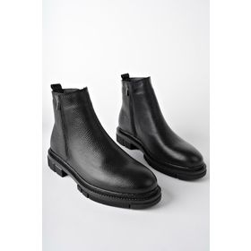 Muggo Chelsea Siyah Hakiki Deri Çift Fermuarlı Kışlık Erkek Bot