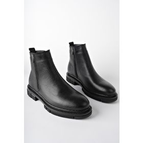 Muggo Chelsea Siyah Hakiki Deri Çift Fermuarlı Kışlık Erkek Bot