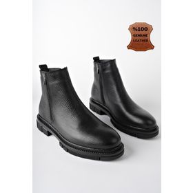 Muggo Chelsea Siyah Hakiki Deri Çift Fermuarlı Kışlık Erkek Bot