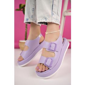 Muggo Jasmine Lila Garantili Dolgu Topuklu Çift Bantlı Toka Detaylı Lastikli Kadın Sandalet