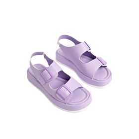Muggo Jasmine Lila Garantili Dolgu Topuklu Çift Bantlı Toka Detaylı Lastikli Kadın Sandalet