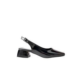 Muggo Lois Siyah Rugan Garantili Arkası Açık Kare Burunlu Kısa Kadın Topuklu Ayakkabı