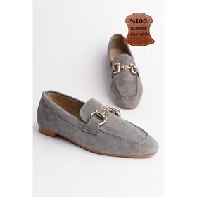 Muggo Mona Gri Garantili Metal Tokalı Deri Loafer Kadın Günlük Ayakkabı